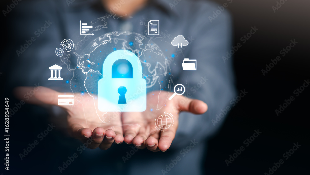 Poster cybersecurity concept with digital lock and data protection icons over world map. symbolizes secure 