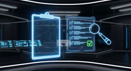 Holographic clipboard with checklist and magnifying glass in futuristic digital environment representing data analysis and verification