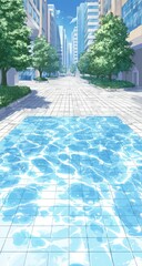 City street scene with water feature