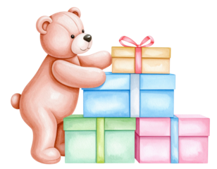 Floating Pink Teddy Bear with Heart Balloons, Playful Mid-Air Pose, Isolated on Transparent Background - Pink Teddy Bear Leaning on a Stack of Gift Boxes, Side Angle, Cozy Composition, Isolated (2)