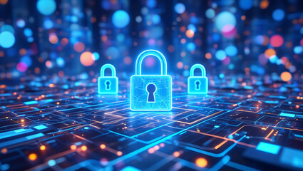 Digital Security Concept with Glowing Blue Locks on a Circuit Board Background