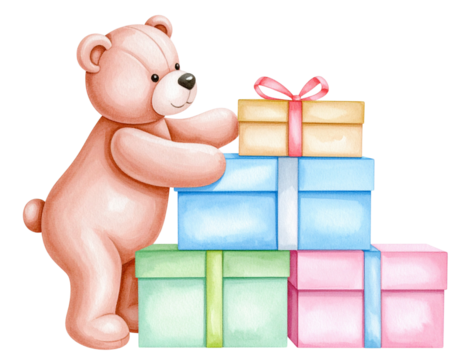 Floating Pink Teddy Bear with Heart Balloons, Playful Mid-Air Pose, Isolated on Transparent Background - Pink Teddy Bear Leaning on a Stack of Gift Boxes, Side Angle, Cozy Composition, Isolated (2)