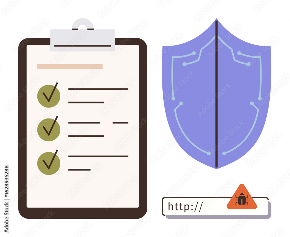 Poster checklist with green checkmarks, a circuit-thumbs up shield representing data protection, and a url 