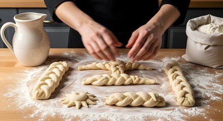 A baker's hands meticulously shaping and arranging braided dough pieces on a floured wooden table.