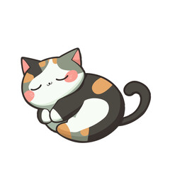 Fototapeta premium Cute Sleeping Calico Cat Cartoon Illustration, Kawaii Adorable Kitten Clipart, Isolated Vector Art for Kids, Stickers, and Cards