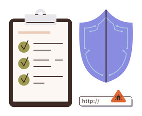 Checklist with green checkmarks, a circuit-thumbs up shield representing data protection, and a URL with a malware alert. Ideal for cybersecurity, internet safety, data protection, IT management
