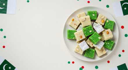 14 august pakistan independence day pakistani mithai sweets barfi peda for independence day celebration food photography and dessert background