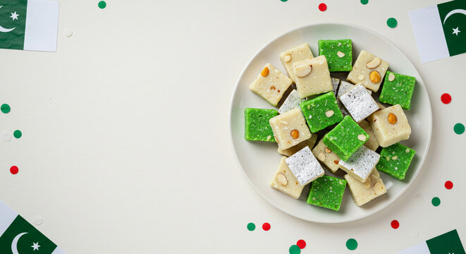 14 august pakistan independence day pakistani mithai sweets barfi peda for independence day celebration food photography and dessert background