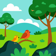 Birds chirping while resting on tree branches green natural vector landscape background.