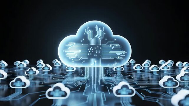 A cloud computing technology concept illustrates the delivery of computing services over the internet, enabling flexible resources, scalable solutions, enhanced collaboration for users and businesses.