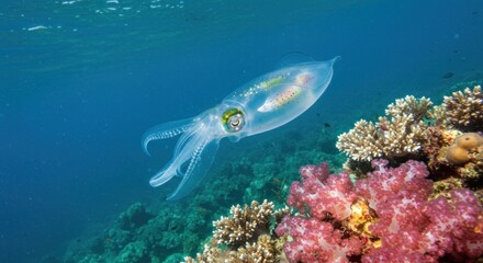 Obraz premium Underwater squid near coral