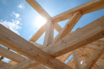 Obraz premium New Wooden Roof Framework Against Blue Sky, Construction Site, Timber Frame, Building a House, Wood Beams, Carpentry
