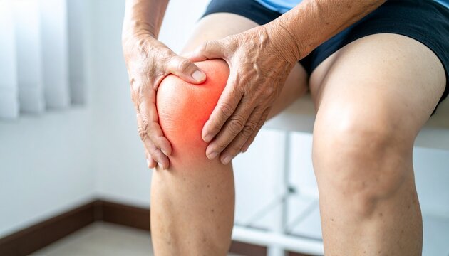 Elderly person experiencing knee pain, holding and gently massaging their aching knee joint.
