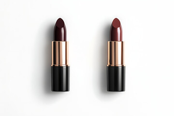 Obraz premium Discover luxurious deep red and plum lipstick shades, elegantly presented in chic rose gold and black casings for a sophisticated makeup statement.