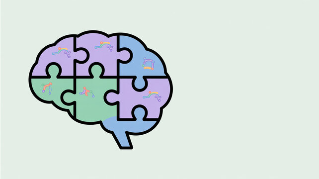 Illustrazione di cervello umano composta da pezzi di puzzle colorati di viola, verde e blu.