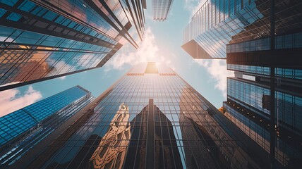 Low Angle View of Illuminated Skyscrapers at Sunset