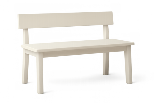 White wooden bench featuring clean lines and backrest, positioned against neutral background for minimalist design rendering