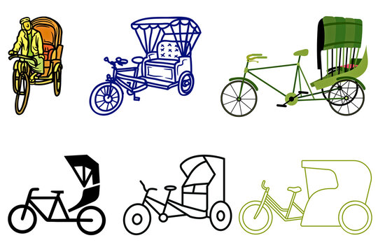 Traditional asian cycle rickshaw vector illustration indian and bangladesh street three wheeler transport in silhouette and color design.