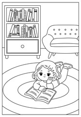 cute girl reading book printable coloring page