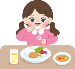 cute girl wearing pink clothes eating meal
