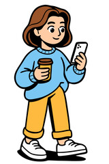 Cartoon-style young woman walking while holding a coffee cup and using a smartphone, wearing casual clothing. Concept of mobile lifestyle, digital habits and daily routine
