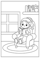 cute girl reading book printable coloring page