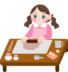 cute girl wearing pink clothes baking