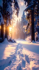 Snowy winter path at sunrise