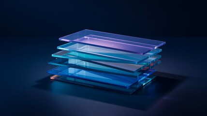 3d abstract glass square shapes in row. Iridescent crystal transparent plates, flying rainbow panels with holographic gradient, dispersion light for ui design, digital tech background. 3D illustration