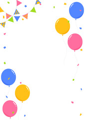 ガーランド、旗、紙吹雪、風船のデコレーションフレーム、縦向き