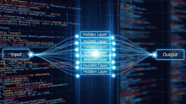 A glowing neural network processes input data Futuristic technology connects an input source to a data output point Lines of code form a backdrop
