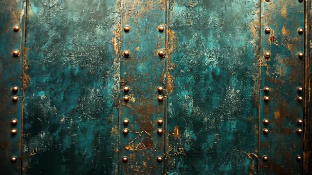 Rusty metallic surface with rivets, showcasing a weathered patina, suitable for industrial backgrounds