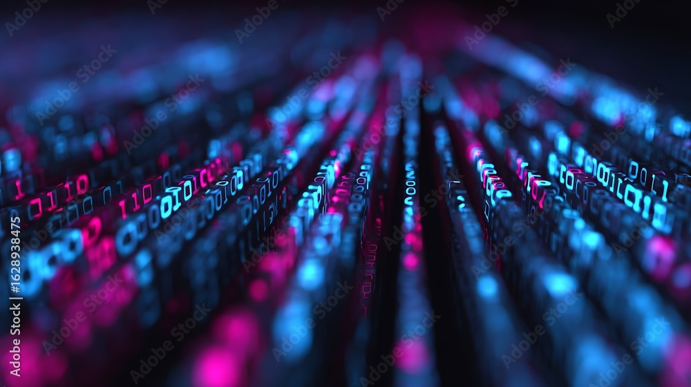 Poster digital data flowing with binary code in blue and pink