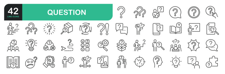 Set of line icons related to question, inforamtion, help, think. Outline icons collection. Editable stroke. Vector illustration. stock illustration