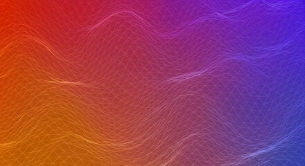 Abstract digital background with flowing wavy grid lines on a vibrant red, orange, and blue gradient. Futuristic technology concept.