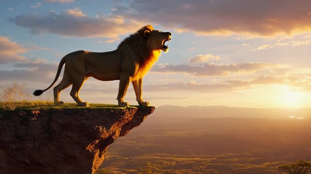 lion roar at sunset at the edge of a cliff