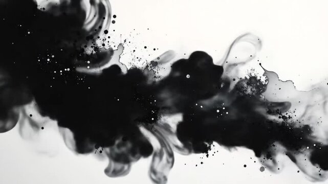 Black ink disperses and swirls in a white liquid, creating a cloudy, textured abstract form.