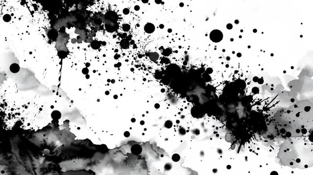 Black ink splatters and washes are spread across a white background.