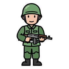 Cartoon illustration of a soldier in green uniform and helmet holding a rifle. Friendly military infantry character.