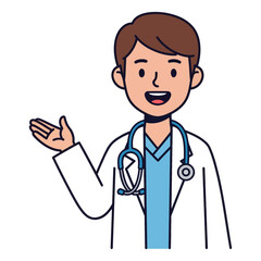 Welcoming young male doctor in uniform giving advice. Medical consultation and healthcare support concept.