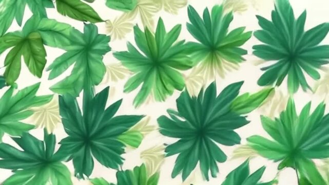 A seamless pattern of stylized, hand-drawn tropical leaves in shades of deep emerald, olive green, and soft ivory. The leaves overlap slightly, creating a dense yet elegant texture.