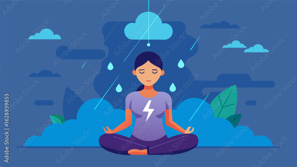 Poster a guided mindfulness exercise with the soothing sound of rain and distant thunder in the background 