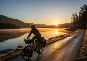 A man on a touring bicycle with panniers rides along a wet road next to a foggy lake at sunrise.