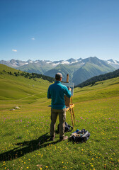 A man stands painting a mountain landscape on an easel in a field of green grass and wildflowers on a sunny day.