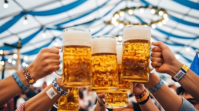friends toasting beer mugs at oktoberfest