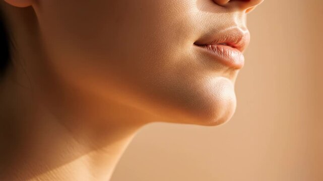 Closeup of a womans lips and chin, highlighting the natural beauty of her skin and the subtle contours of her face, with a focus on skincare, cosmetics, and a healthy, radiant complexion
