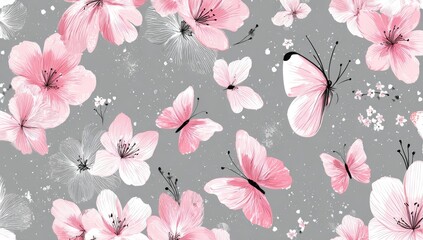 Delicate pink and gray floral pattern with butterflies