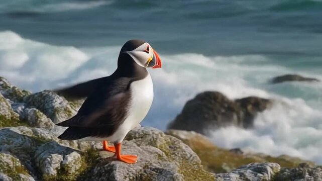 Atlantic puffin perched on coastal rocks, wings slightly spread, overlooking a turbulent ocean.