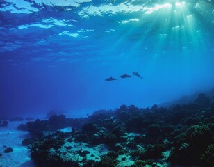 Fototapeta premium Underwater View with Sun Rays and Dolphins