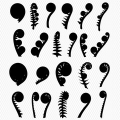 A collection of black silhouette icons showing various fern fiddleheads and unfurling fronds. © Adji
